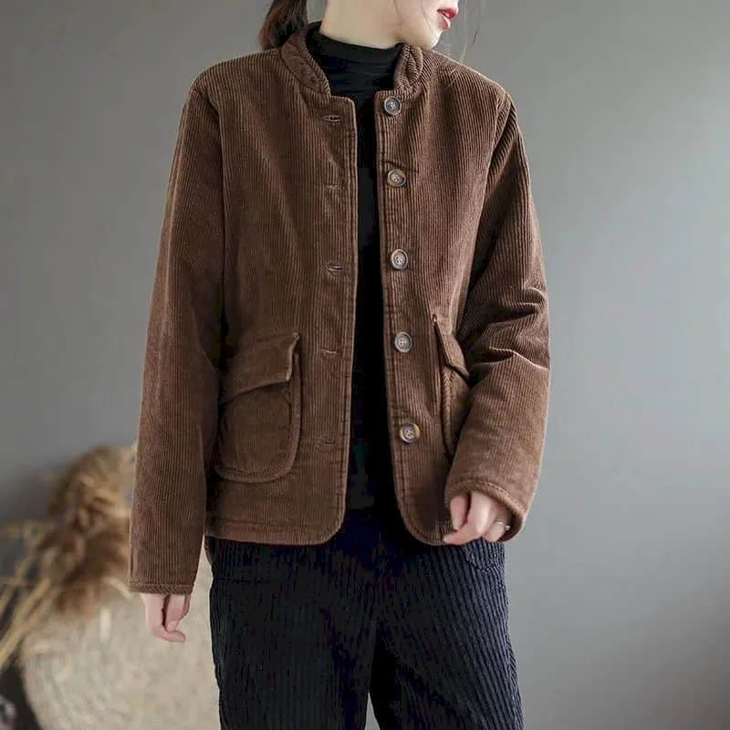 Corduroy Parka Women Autumn Winter Trend Short Warm Coats Cotton Clothes Stand Collar Vintage Single Breasted Jacket Womens Coat