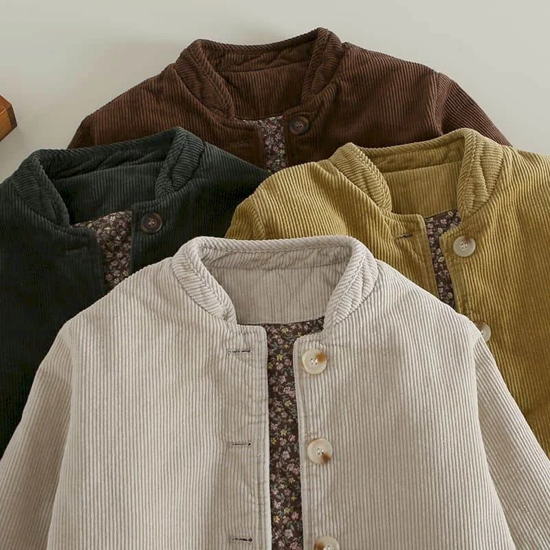 Corduroy Parka Women Autumn Winter Trend Short Warm Coats Cotton Clothes Stand Collar Vintage Single Breasted Jacket Womens Coat