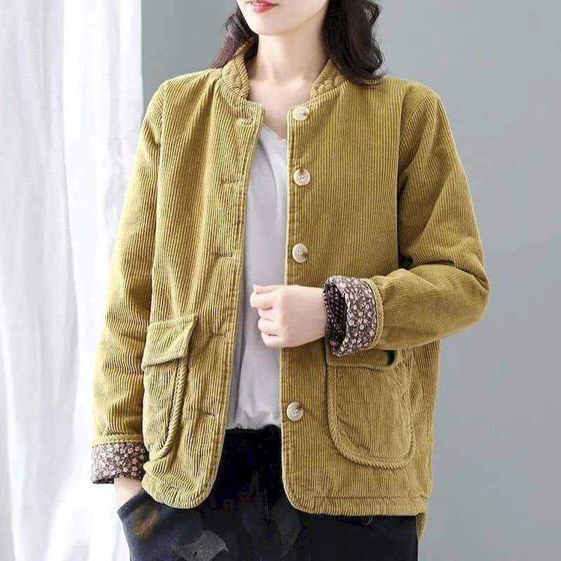 Corduroy Parka Women Autumn Winter Trend Short Warm Coats Cotton Clothes Stand Collar Vintage Single Breasted Jacket Womens Coat