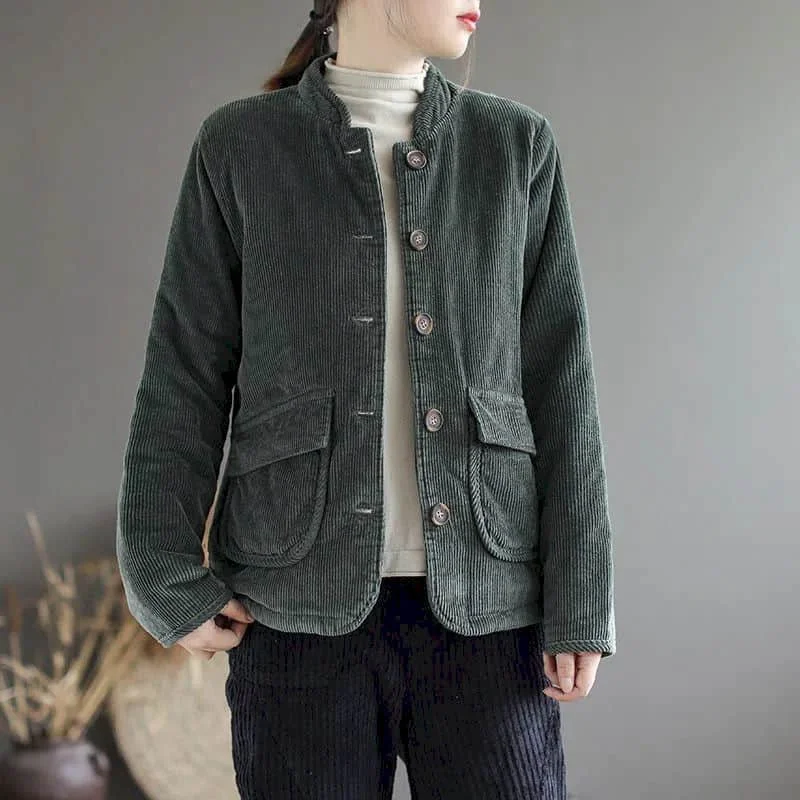 Corduroy Parka Women Autumn Winter Trend Short Warm Coats Cotton Clothes Stand Collar Vintage Single Breasted Jacket Womens Coat