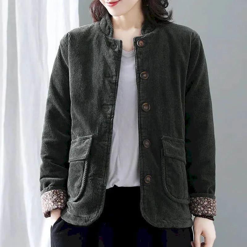 Corduroy Parka Women Autumn Winter Trend Short Warm Coats Cotton Clothes Stand Collar Vintage Single Breasted Jacket Womens Coat
