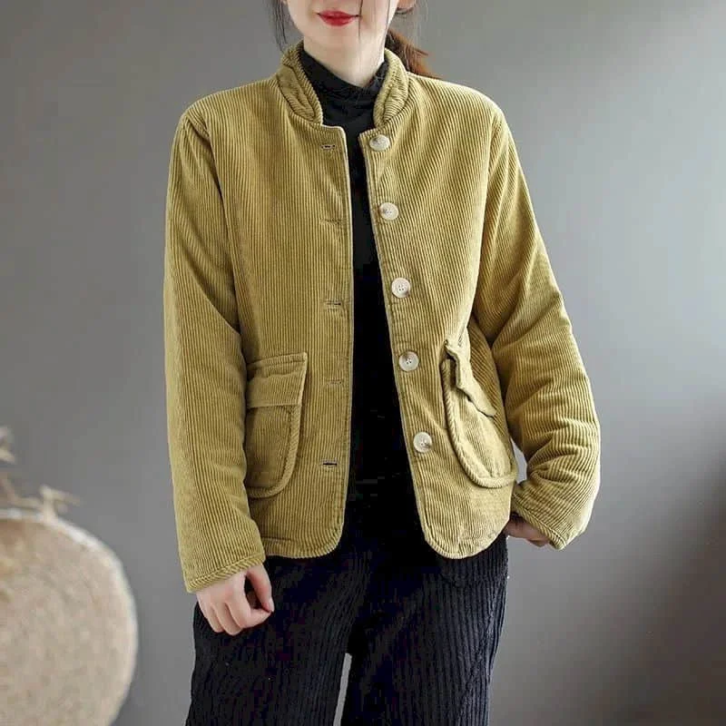 Corduroy Parka Women Autumn Winter Trend Short Warm Coats Cotton Clothes Stand Collar Vintage Single Breasted Jacket Womens Coat