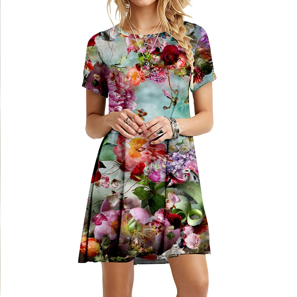 Fashion Summer Butterfly Dresses Women Elegant Short Sleeve 3D Print Loose Dress Vintage Casual Round Neck Mini Oversized Dress
