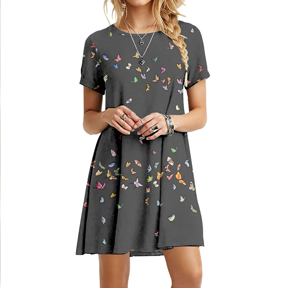 Fashion Summer Butterfly Dresses Women Elegant Short Sleeve 3D Print Loose Dress Vintage Casual Round Neck Mini Oversized Dress