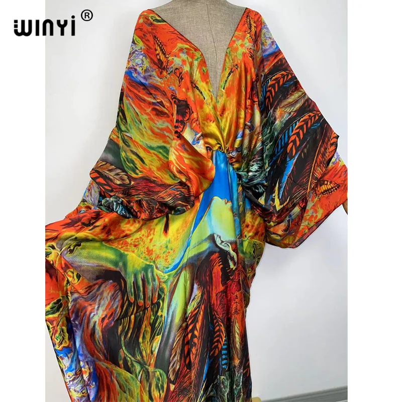 Sexy beach kaftan caftan feel silk rayon fashion print 2021 WINYI Maxi women's robes long sukienka V-neck Bohemian dress
