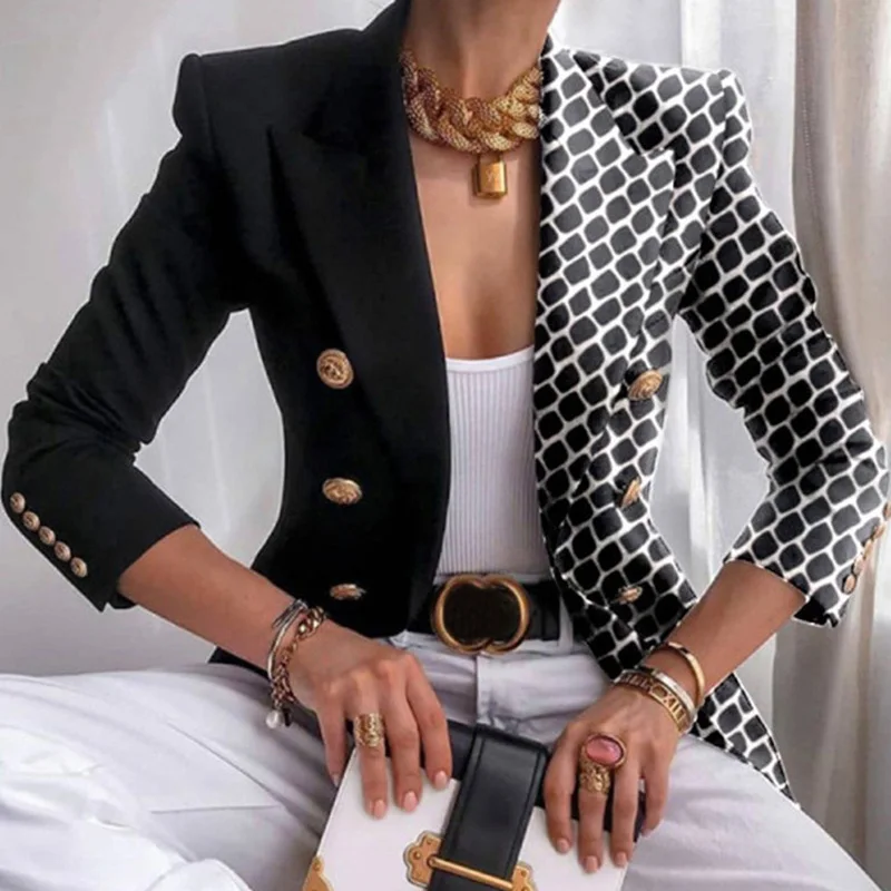 Long Sleeve Button Patchwork Simple Outerwear, Women Spring Autumn Turn-Down Collar Chic Coats, New Print Fashion Ladies Blazers