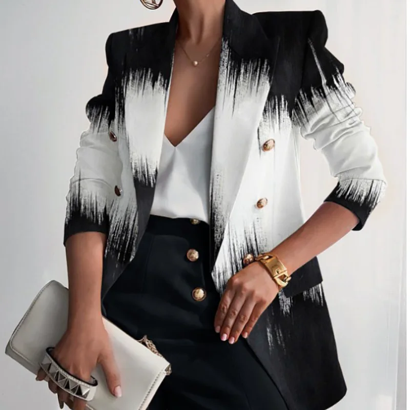 Long Sleeve Button Patchwork Simple Outerwear, Women Spring Autumn Turn-Down Collar Chic Coats, New Print Fashion Ladies Blazers