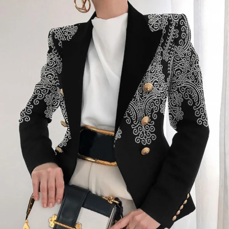 Long Sleeve Button Patchwork Simple Outerwear, Women Spring Autumn Turn-Down Collar Chic Coats, New Print Fashion Ladies Blazers