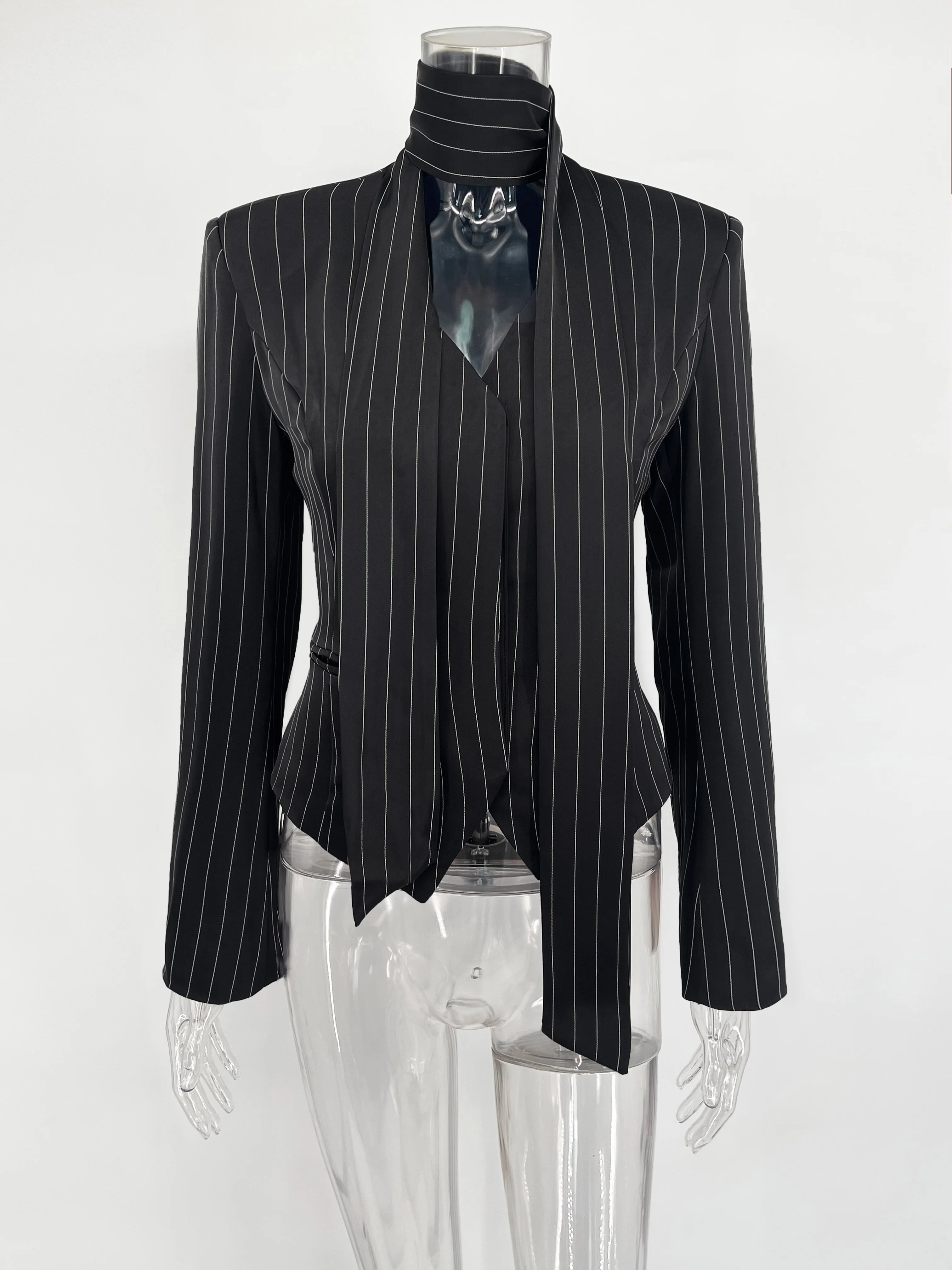 Talenza Women's Striped Blazer Elegant Ribbon Lace-up V-Neck Patchwork Long Sleeve Luxury Outwear Vintage  Women Tailored Coat