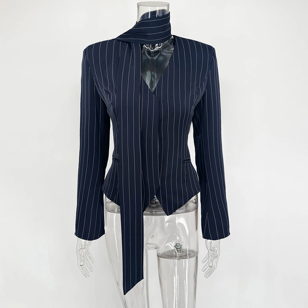 Talenza Women's Striped Blazer Elegant Ribbon Lace-up V-Neck Patchwork Long Sleeve Luxury Outwear Vintage  Women Tailored Coat