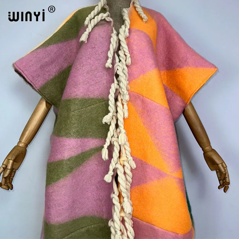 WINYI winter coat dress for women Africa print tassels Luxury Long Fur Loose OverCoat Thick Warm long down coat fashion cardigan