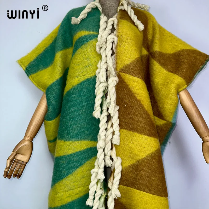 WINYI winter coat dress for women Africa print tassels Luxury Long Fur Loose OverCoat Thick Warm long down coat fashion cardigan