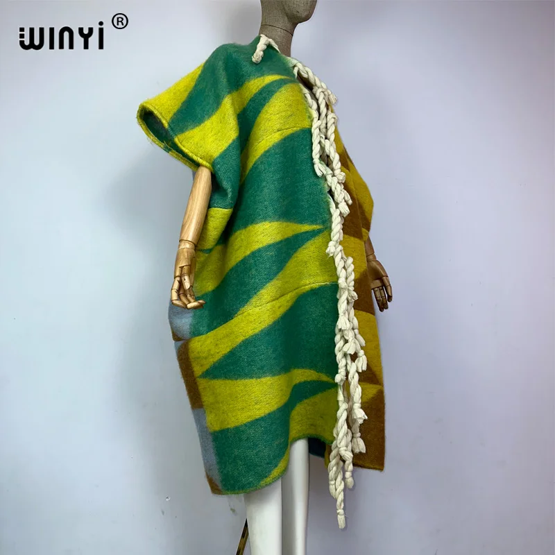 WINYI winter coat dress for women Africa print tassels Luxury Long Fur Loose OverCoat Thick Warm long down coat fashion cardigan