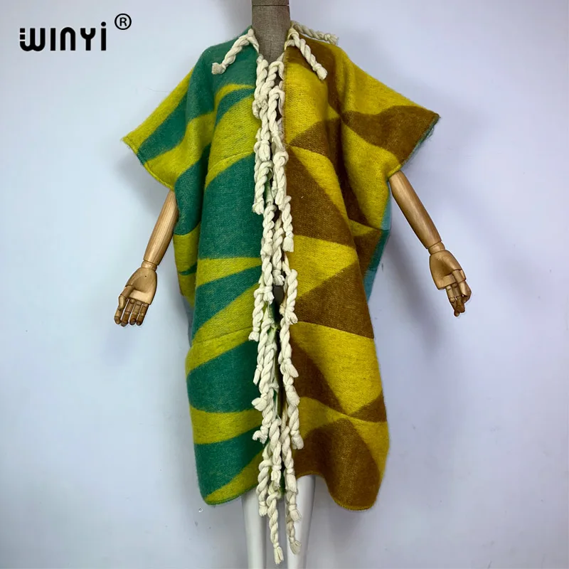 WINYI winter coat dress for women Africa print tassels Luxury Long Fur Loose OverCoat Thick Warm long down coat fashion cardigan