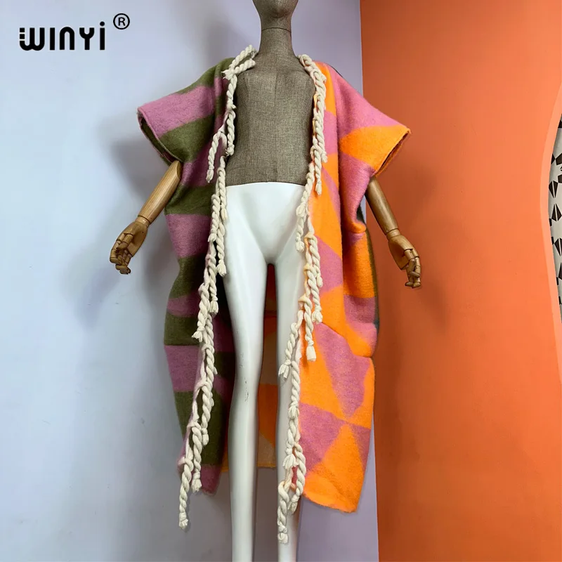 WINYI winter coat dress for women Africa print tassels Luxury Long Fur Loose OverCoat Thick Warm long down coat fashion cardigan