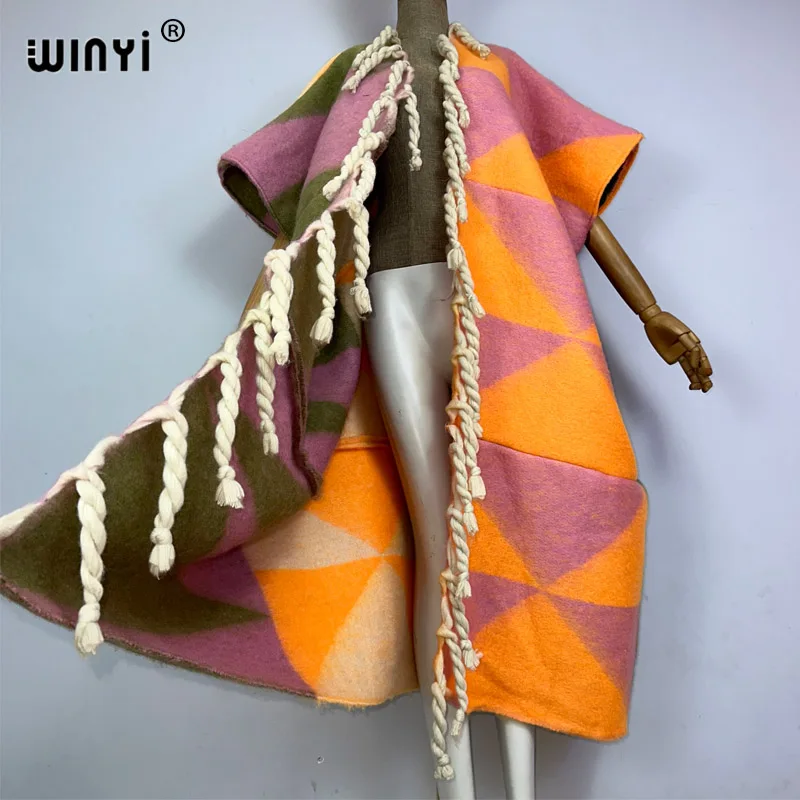 WINYI winter coat dress for women Africa print tassels Luxury Long Fur Loose OverCoat Thick Warm long down coat fashion cardigan