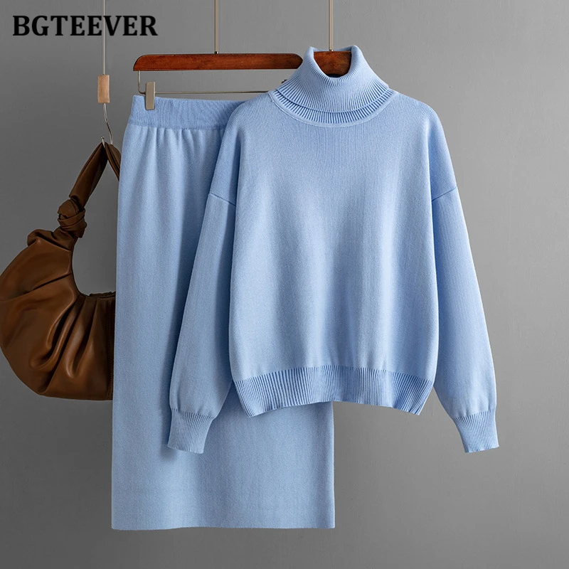BGTEEVER Casual Loose Female Knitted Skirts Outfits Turtleneck Pullovers Ladies Hip Package Skirts Autumn Winter Sweater Set Wom