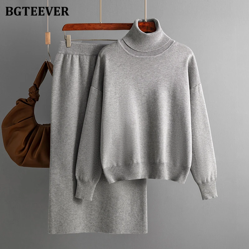BGTEEVER Casual Loose Female Knitted Skirts Outfits Turtleneck Pullovers Ladies Hip Package Skirts Autumn Winter Sweater Set Wom