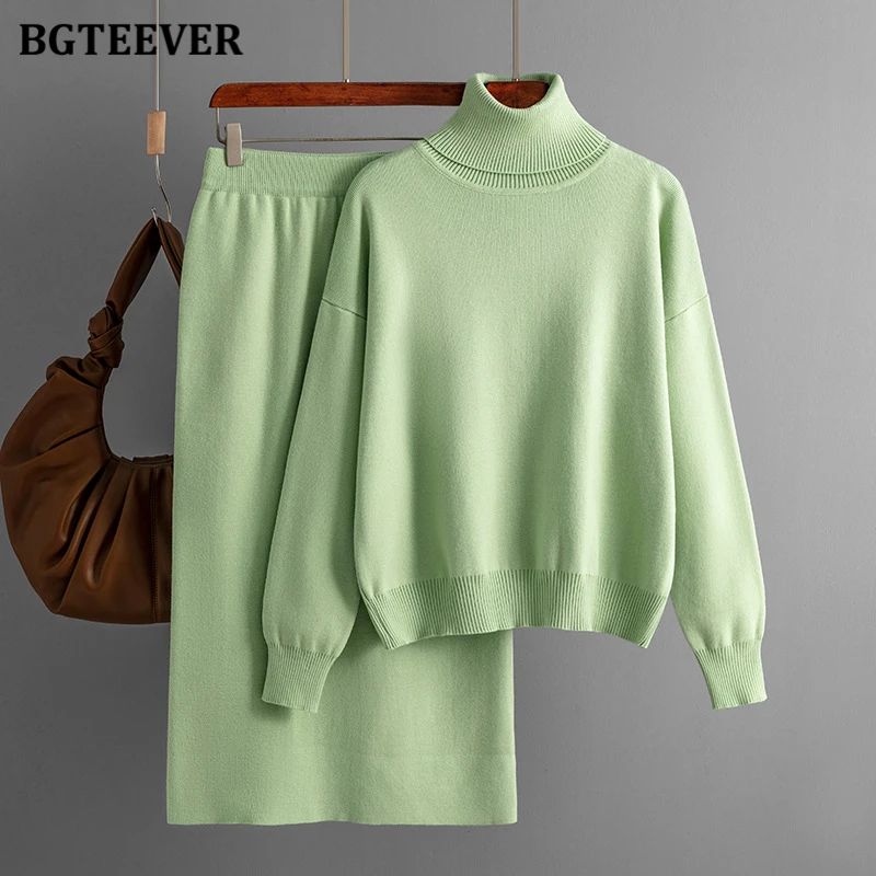 BGTEEVER Casual Loose Female Knitted Skirts Outfits Turtleneck Pullovers Ladies Hip Package Skirts Autumn Winter Sweater Set Wom