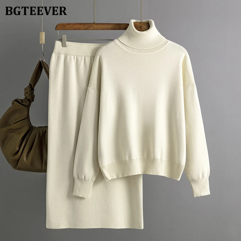 BGTEEVER Casual Loose Female Knitted Skirts Outfits Turtleneck Pullovers Ladies Hip Package Skirts Autumn Winter Sweater Set Wom