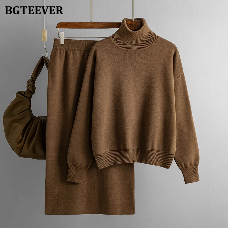 BGTEEVER Casual Loose Female Knitted Skirts Outfits Turtleneck Pullovers Ladies Hip Package Skirts Autumn Winter Sweater Set Wom