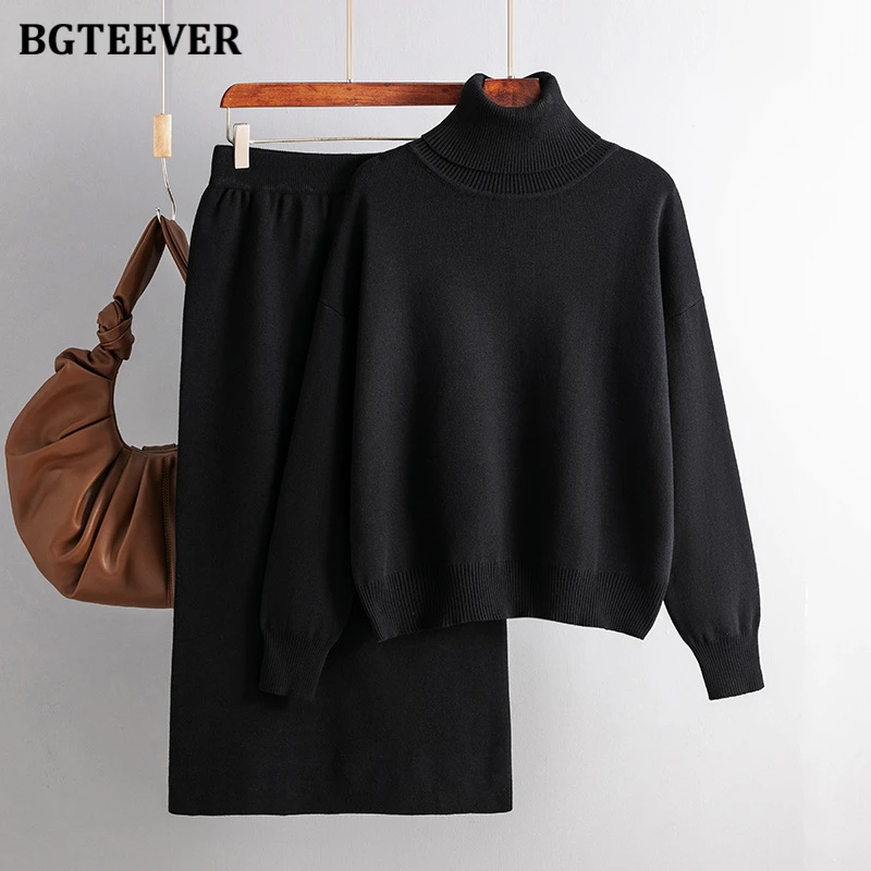 BGTEEVER Casual Loose Female Knitted Skirts Outfits Turtleneck Pullovers Ladies Hip Package Skirts Autumn Winter Sweater Set Wom
