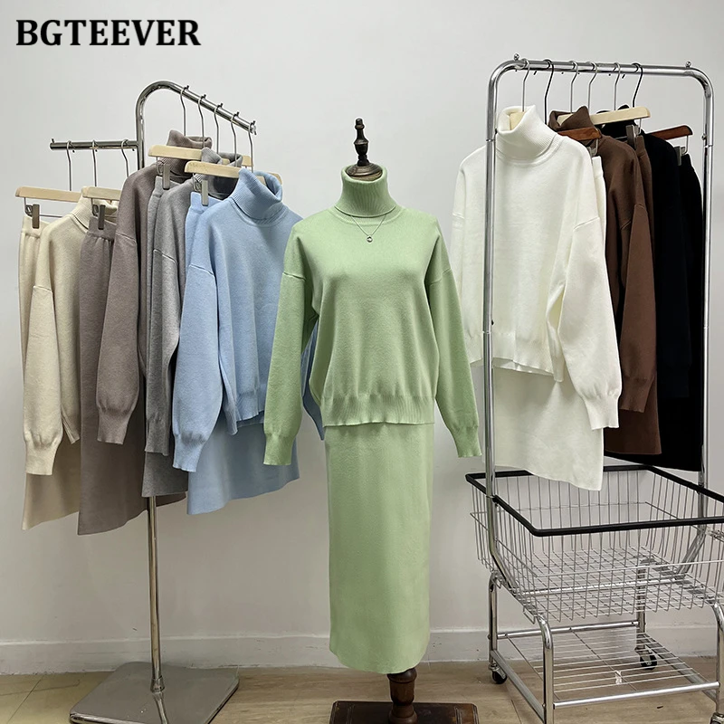 BGTEEVER Casual Loose Female Knitted Skirts Outfits Turtleneck Pullovers Ladies Hip Package Skirts Autumn Winter Sweater Set Wom