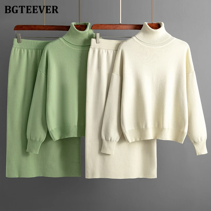 BGTEEVER Casual Loose Female Knitted Skirts Outfits Turtleneck Pullovers Ladies Hip Package Skirts Autumn Winter Sweater Set Wom