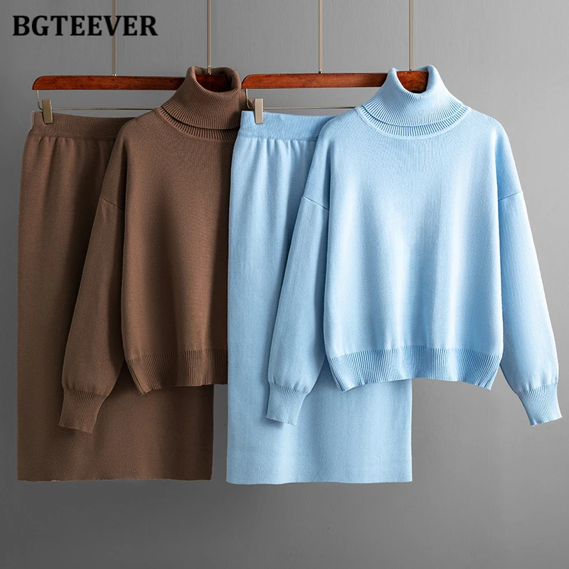 BGTEEVER Casual Loose Female Knitted Skirts Outfits Turtleneck Pullovers Ladies Hip Package Skirts Autumn Winter Sweater Set Wom