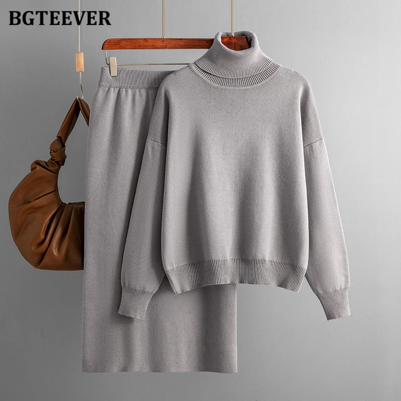 BGTEEVER Casual Loose Female Knitted Skirts Outfits Turtleneck Pullovers Ladies Hip Package Skirts Autumn Winter Sweater Set Wom