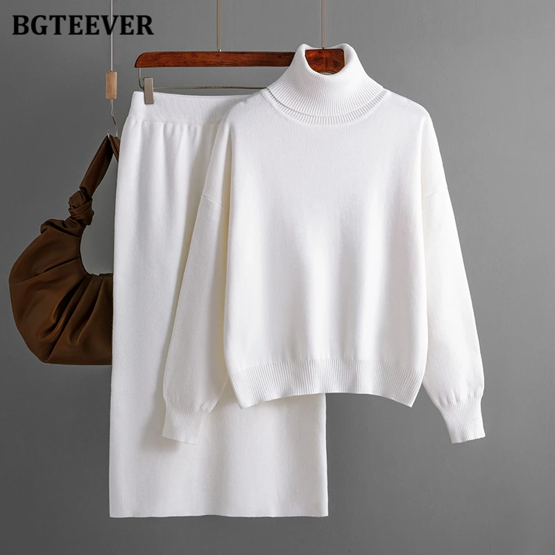 BGTEEVER Casual Loose Female Knitted Skirts Outfits Turtleneck Pullovers Ladies Hip Package Skirts Autumn Winter Sweater Set Wom
