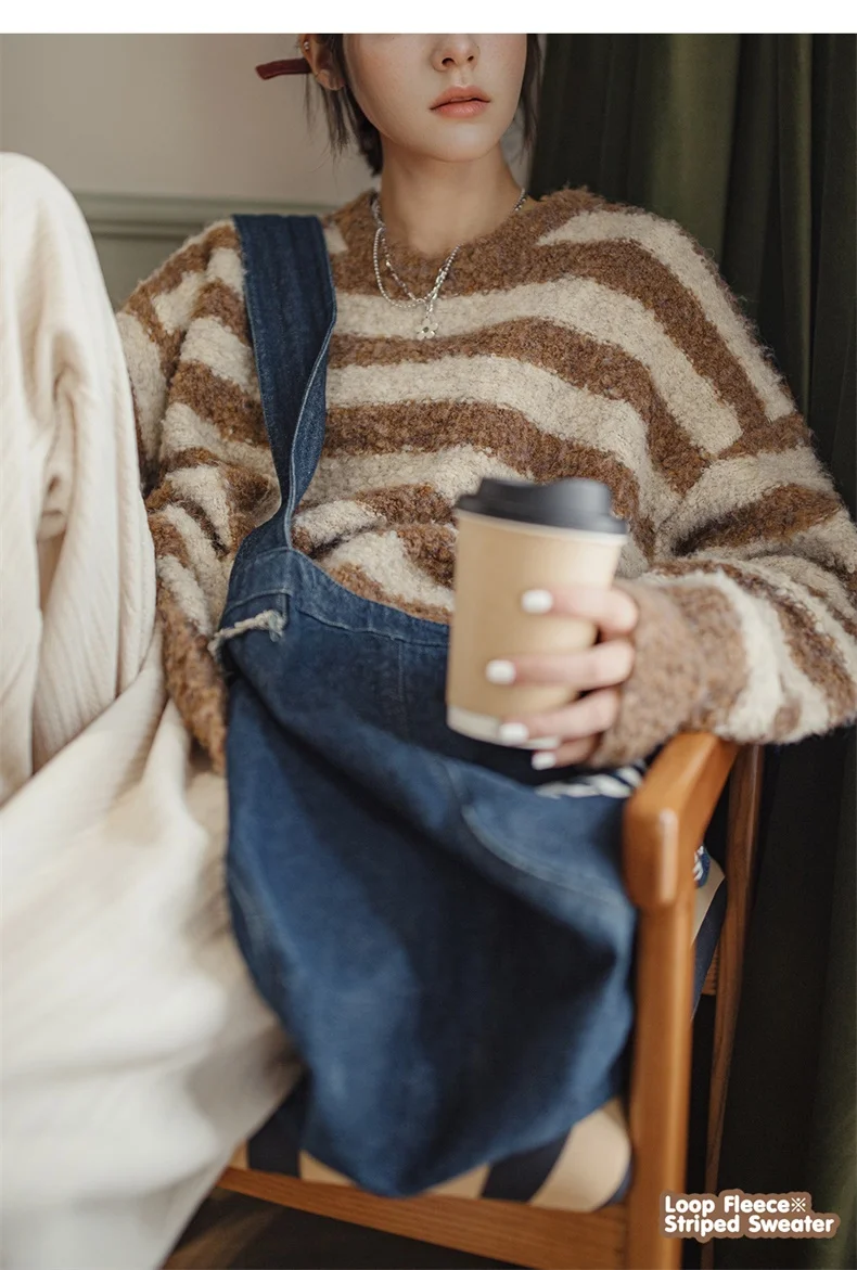 Maden Oversize Striped Sweater for Women Autumn and Winter Loop Fleece Pullover Knitwear Warm Top Loose-fit Thick Sweater