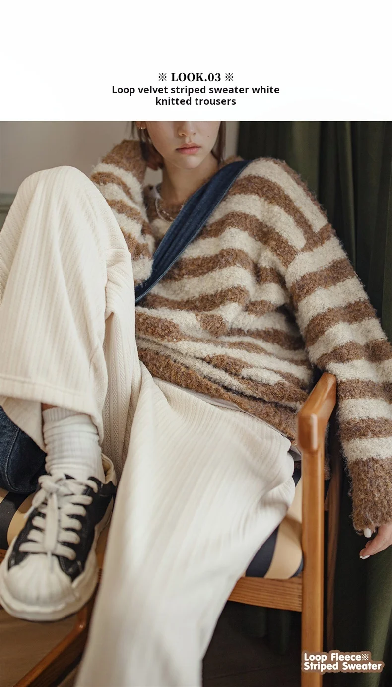 Maden Oversize Striped Sweater for Women Autumn and Winter Loop Fleece Pullover Knitwear Warm Top Loose-fit Thick Sweater