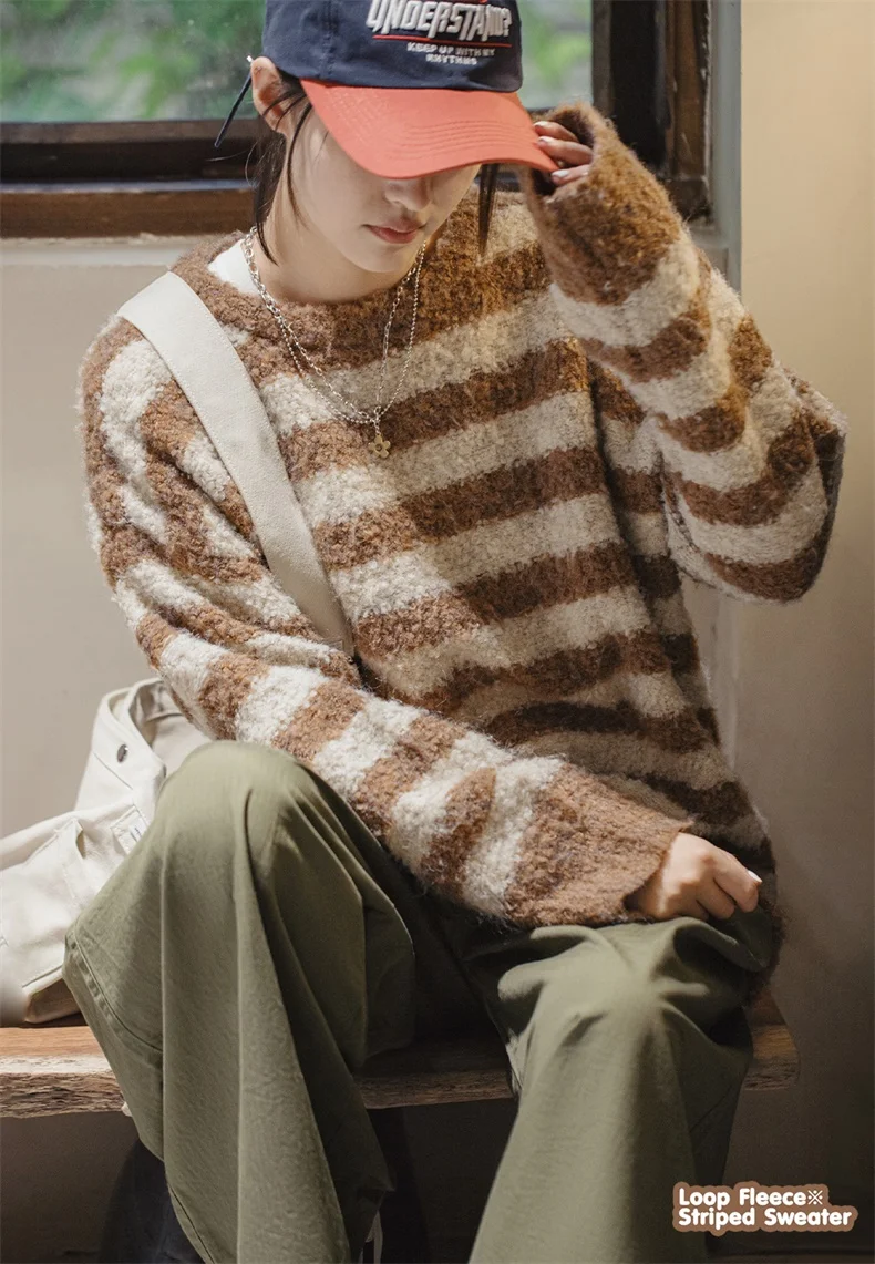 Maden Oversize Striped Sweater for Women Autumn and Winter Loop Fleece Pullover Knitwear Warm Top Loose-fit Thick Sweater