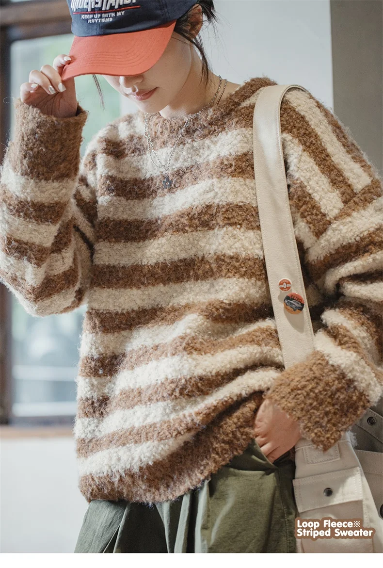 Maden Oversize Striped Sweater for Women Autumn and Winter Loop Fleece Pullover Knitwear Warm Top Loose-fit Thick Sweater
