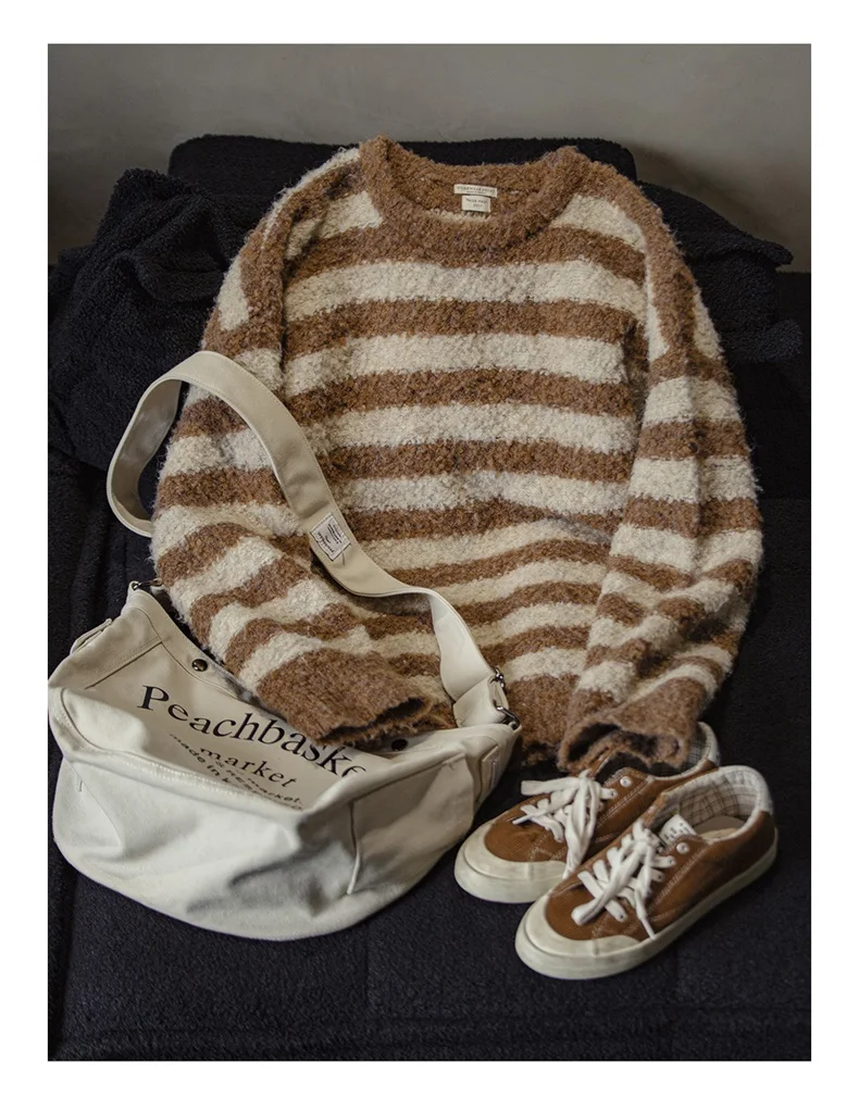 Maden Oversize Striped Sweater for Women Autumn and Winter Loop Fleece Pullover Knitwear Warm Top Loose-fit Thick Sweater