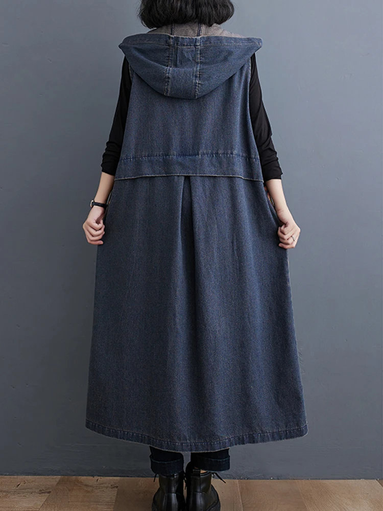 Amax luluE Autumn Long Sleeveless Clothes Womens Fashion Loose Hooded Denim Vest Ladies Casual Printed Coats Vintage Waistcoats