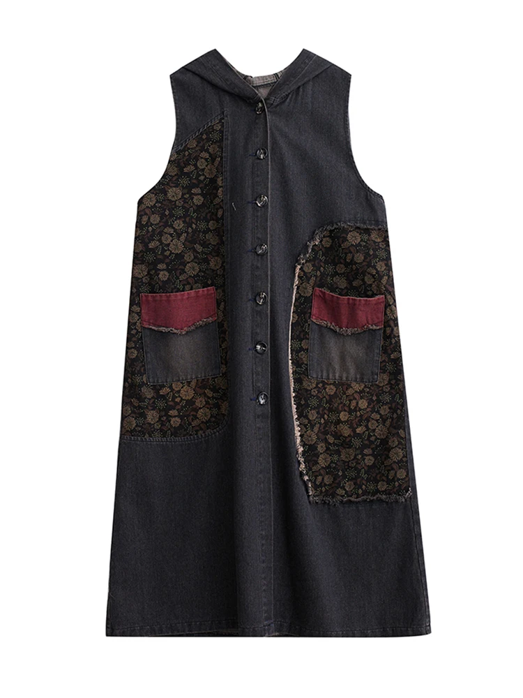 Amax luluE Autumn Long Sleeveless Clothes Womens Fashion Loose Hooded Denim Vest Ladies Casual Printed Coats Vintage Waistcoats