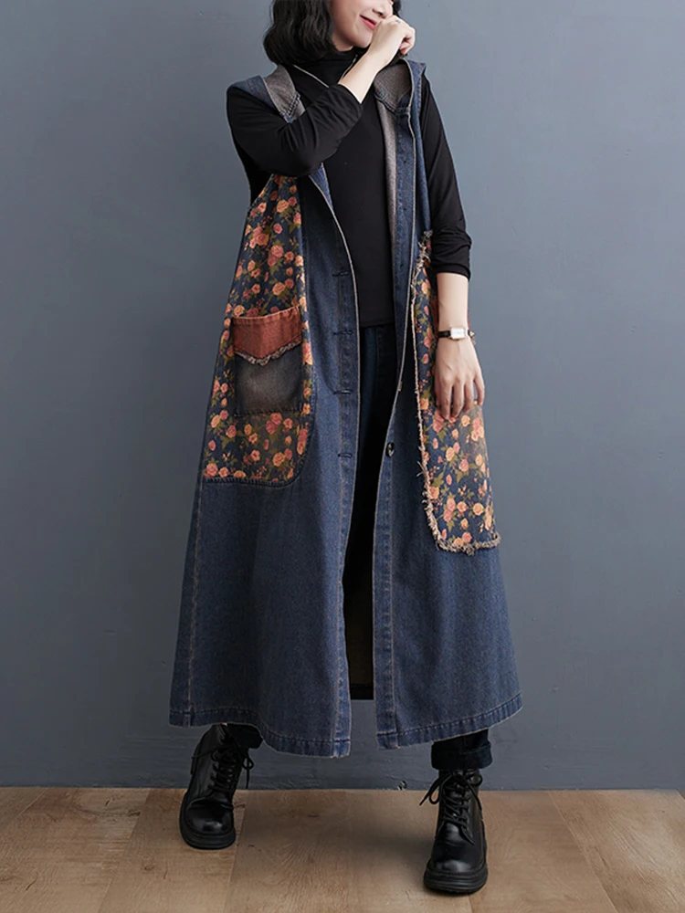 Amax luluE Autumn Long Sleeveless Clothes Womens Fashion Loose Hooded Denim Vest Ladies Casual Printed Coats Vintage Waistcoats