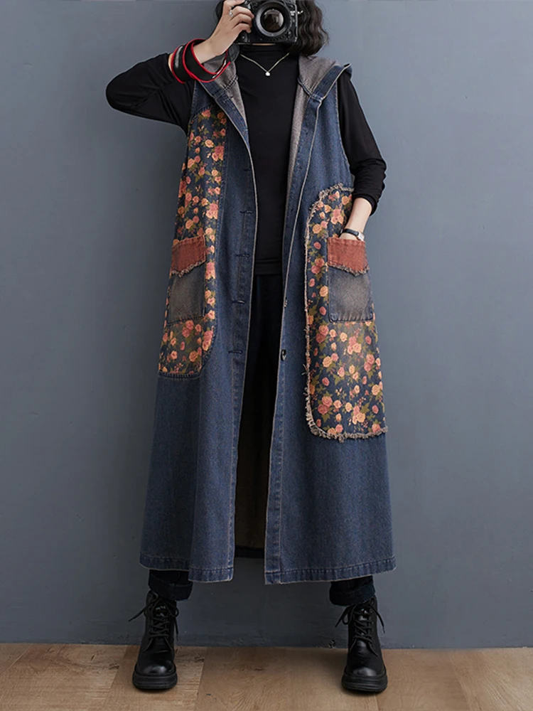 Amax luluE Autumn Long Sleeveless Clothes Womens Fashion Loose Hooded Denim Vest Ladies Casual Printed Coats Vintage Waistcoats