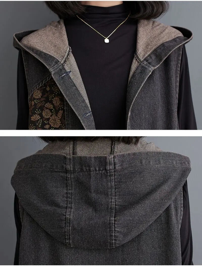 Amax luluE Autumn Long Sleeveless Clothes Womens Fashion Loose Hooded Denim Vest Ladies Casual Printed Coats Vintage Waistcoats