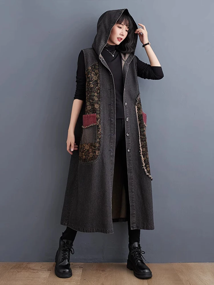 Amax luluE Autumn Long Sleeveless Clothes Womens Fashion Loose Hooded Denim Vest Ladies Casual Printed Coats Vintage Waistcoats