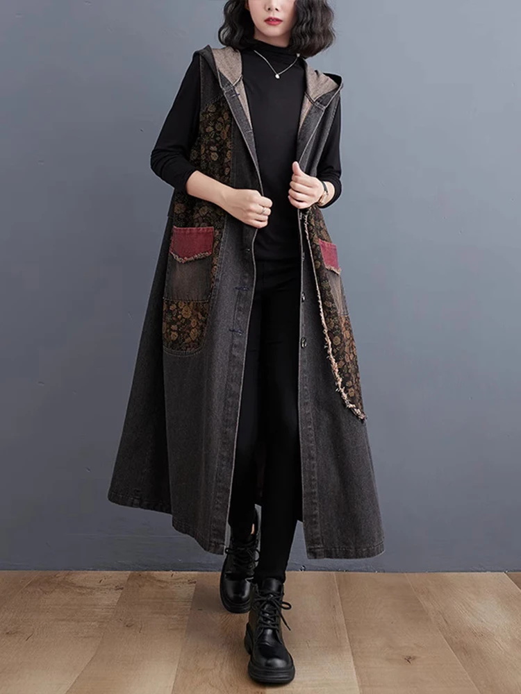 Amax luluE Autumn Long Sleeveless Clothes Womens Fashion Loose Hooded Denim Vest Ladies Casual Printed Coats Vintage Waistcoats
