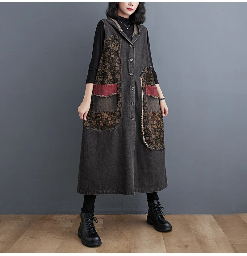 Amax luluE Autumn Long Sleeveless Clothes Womens Fashion Loose Hooded Denim Vest Ladies Casual Printed Coats Vintage Waistcoats