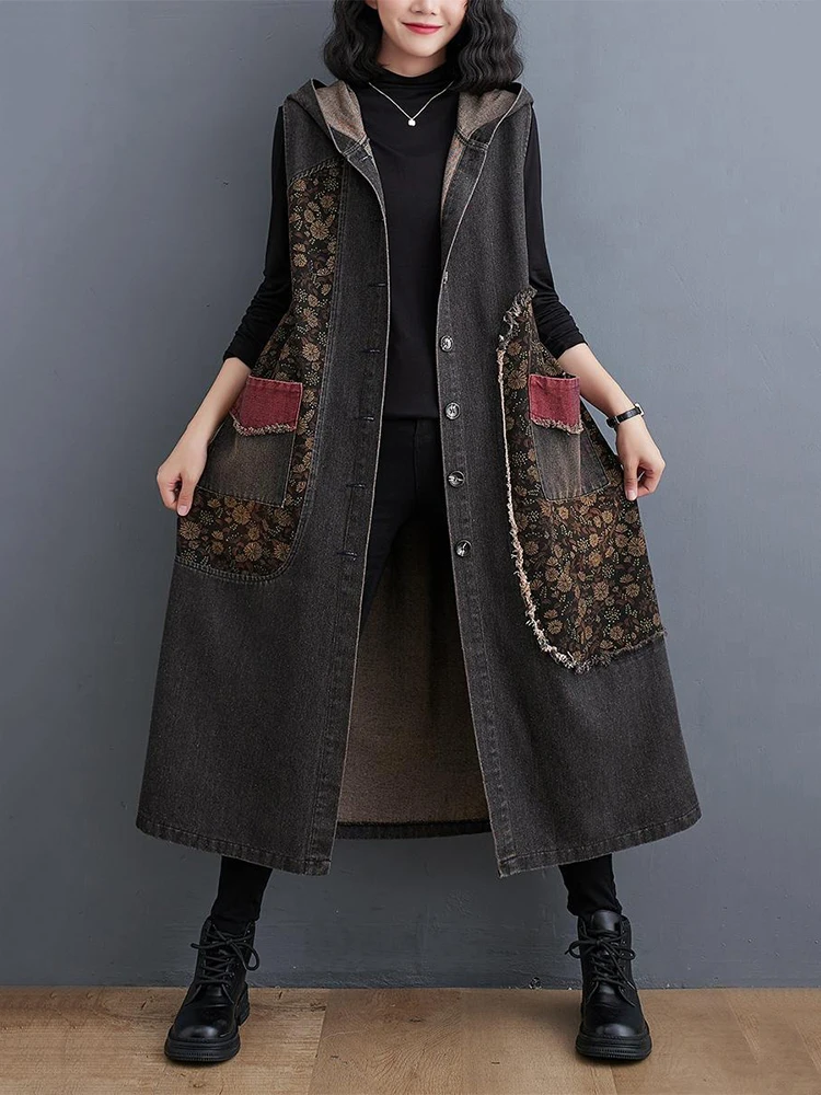 Amax luluE Autumn Long Sleeveless Clothes Womens Fashion Loose Hooded Denim Vest Ladies Casual Printed Coats Vintage Waistcoats
