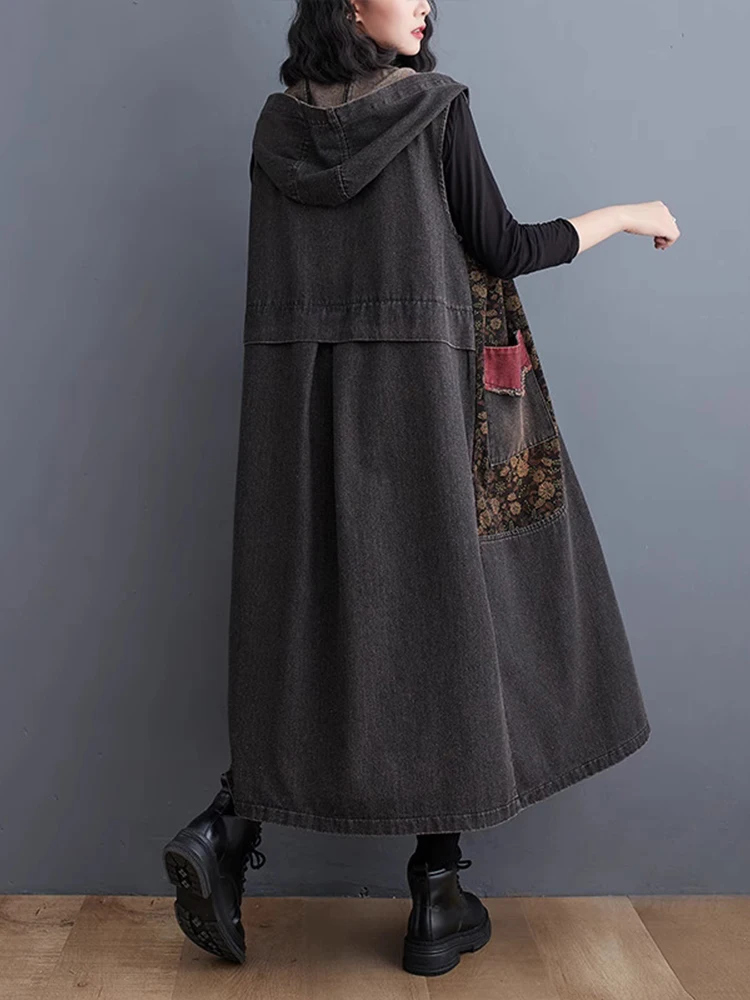 Amax luluE Autumn Long Sleeveless Clothes Womens Fashion Loose Hooded Denim Vest Ladies Casual Printed Coats Vintage Waistcoats