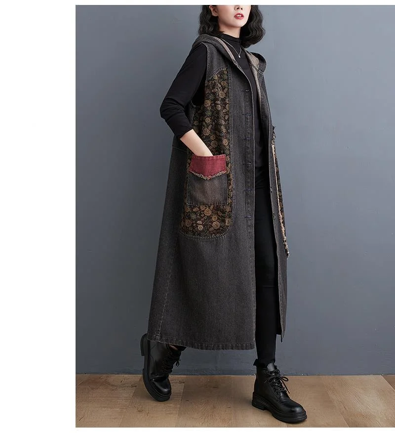 Amax luluE Autumn Long Sleeveless Clothes Womens Fashion Loose Hooded Denim Vest Ladies Casual Printed Coats Vintage Waistcoats