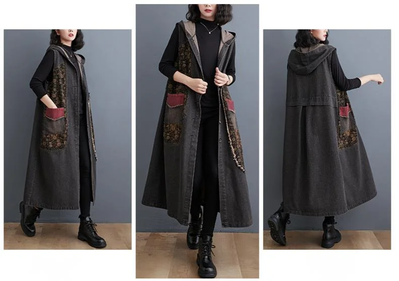 Amax luluE Autumn Long Sleeveless Clothes Womens Fashion Loose Hooded Denim Vest Ladies Casual Printed Coats Vintage Waistcoats