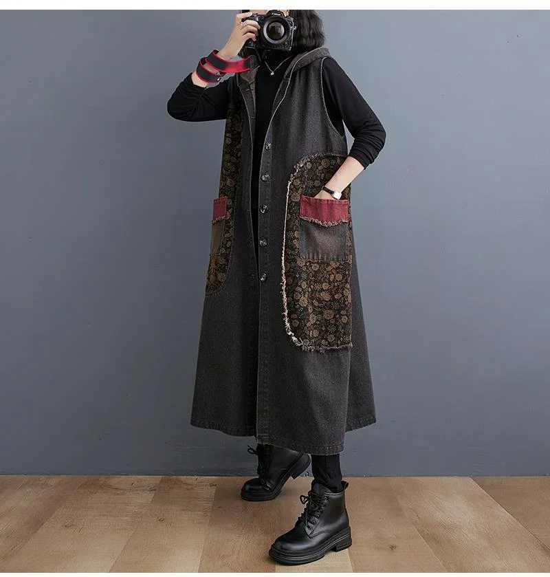 Amax luluE Autumn Long Sleeveless Clothes Womens Fashion Loose Hooded Denim Vest Ladies Casual Printed Coats Vintage Waistcoats