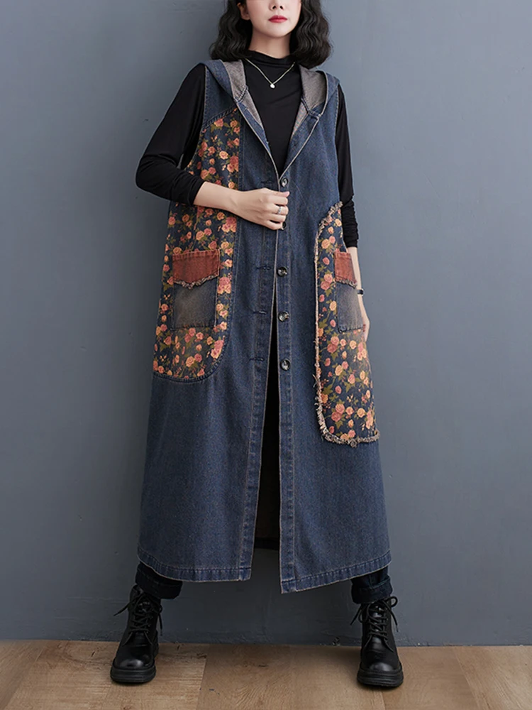 Amax luluE Autumn Long Sleeveless Clothes Womens Fashion Loose Hooded Denim Vest Ladies Casual Printed Coats Vintage Waistcoats